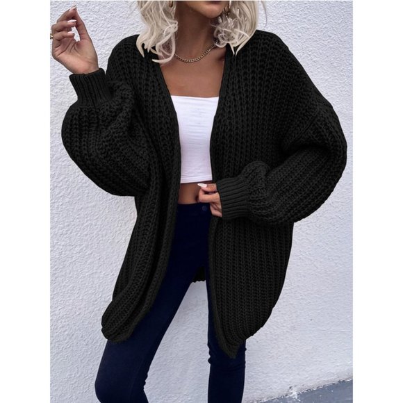 black Chunky Knit Open front comfy cozy sweater Cardigan - Picture 2 of 10